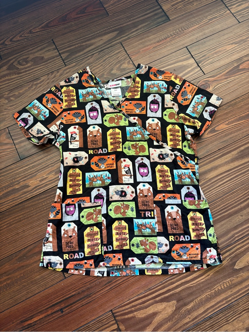 Scrubstar Black Orange Green Patchwork Animal Scrub Top